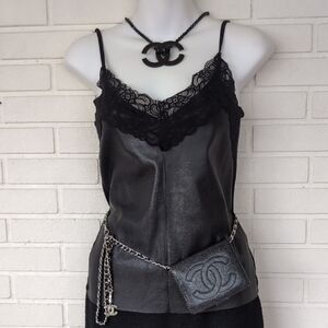 NWOT Black Faux Leather Lace Trim Camisole Top